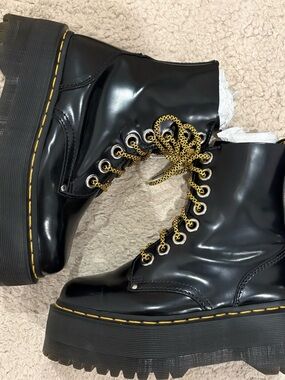 Dr. Martens Black High-Shine Platform Lace-Up Boots with Yellow Stitching